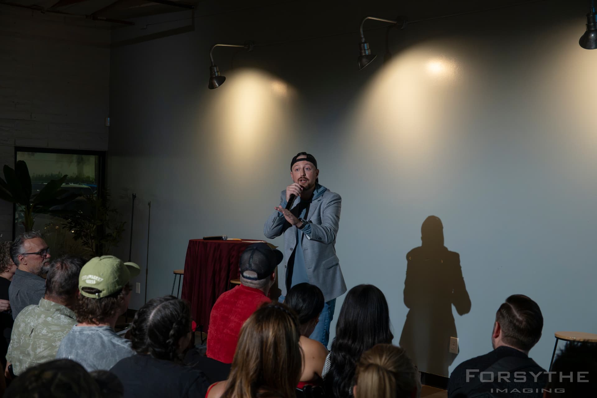 Host under the spotlight working the crowd